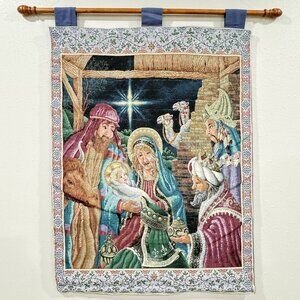 Vintage Nativity Scene Tapestry Wall Hanging With Rod Jesus Mary Wise Men 34x25"